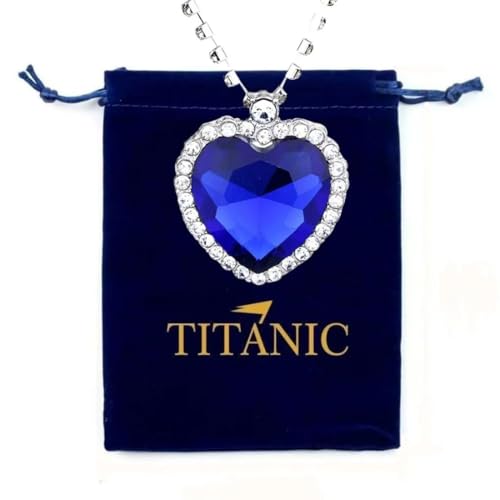 Razered Titanic Heart of the Ocean Necklace Blue Heart Love Forever Pendant with Crystal Rose Titanic Costume Jewelry for Women Platinum Plated 18 inch(45cm) Chain + Velvet Bag