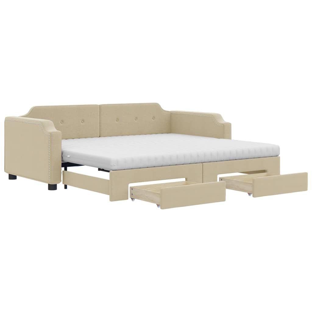Łóżko dzienne wysuwane z szufladami, kremowe, 80 x 200 cm, obicie materiałowe, sofa do spania z 2 materacami, wytrzymała rama łóżka, meble do sypialni