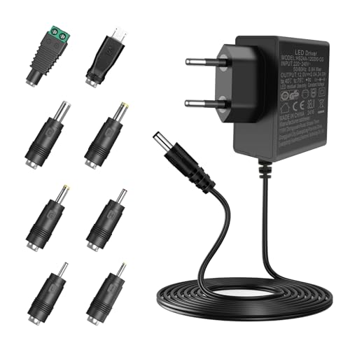 Artrastar 12V Netzteil Universal 12V 2A 1.5A 1A 24W AC 220V-240V auf DC 12 Volt Trafo LED Driver Adapter für LED Streifen CCTV Kamera, Router, 8 DC Steckeradapter, Kompakt Steckernetzteil