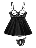 SweatyRocks Women's Contrast Lace Cut Out Mesh Lingerie Slips and Thong Black M