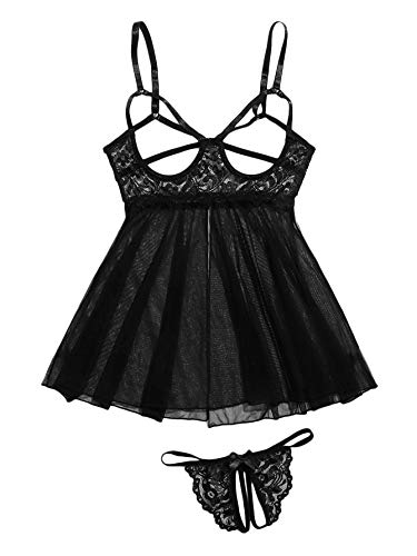 Sweatyrocks Women's Contrast Lace Cut Out Mesh Lingerie Slips And Thong Black M #TOP24