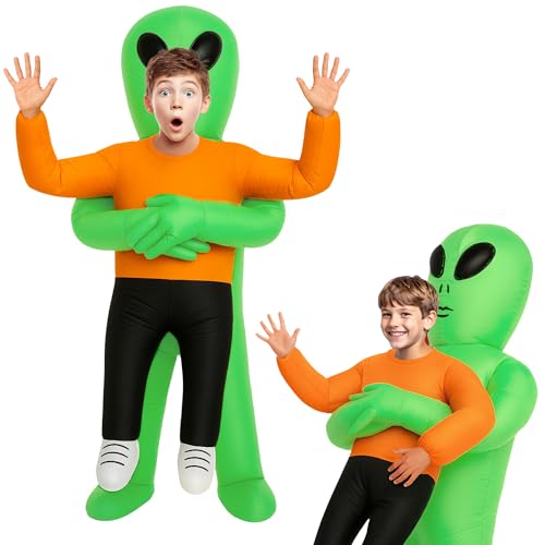 Green Alien Inflatable Costume Kids - Blow up Alien Costume Kids Halloween Outfits - Martian Holding Child Inflatable Fancy Dress Funny Halloween Outfit - Blow Up Extraterrestrial Kidnapping Cosplay