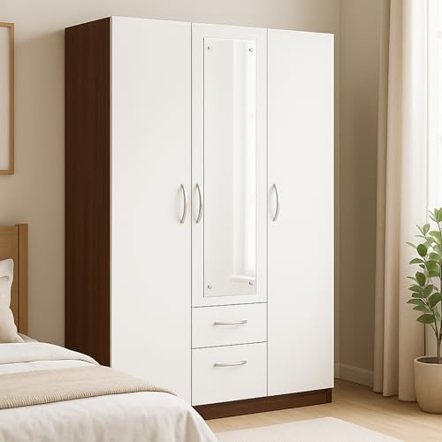 Image of AAVATAR 3 Door Wooden Wardrobe with Mirror & Drawers | White & Walnut Finish Almirah for Bedroom | Engineered Wood Cupboard with Lockable Doors, Spacious Storage Shelves (75 x 44 x 19 Inch)