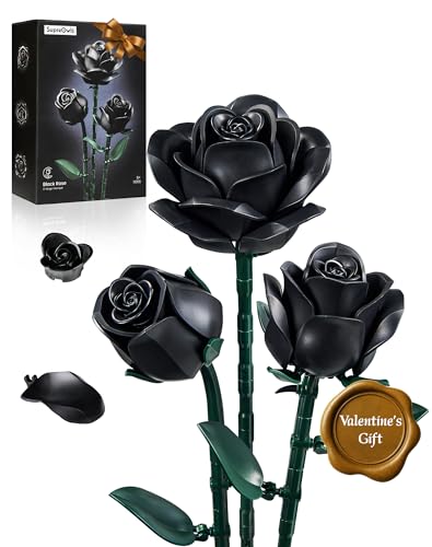 iATOM Black Roses Flower Building Set - 3Pack, Gift for Valentine's Day for Her/Mom/Girlfriend/Wife/Couple, Gothic Emo Vintage Retro Artificial Flowers Botanical Collection Home Decor Aesthetic