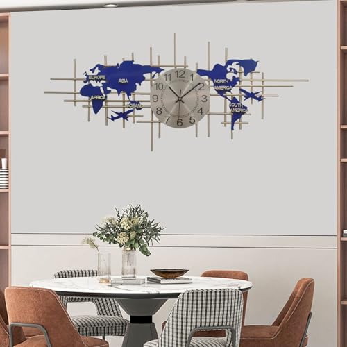 Horloge murale moderne avec carte du monde bleue en métal pour décorer sans bruit le salon