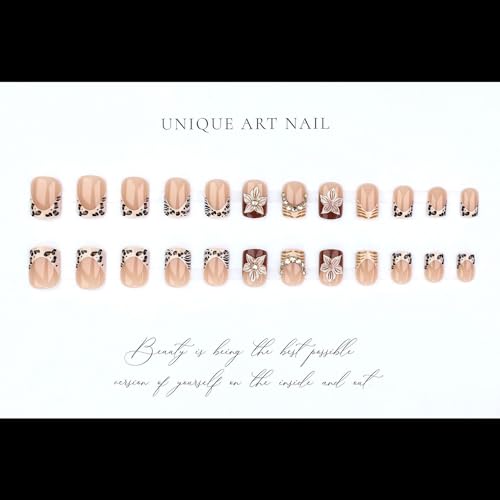 Leopard Print French Tip Press on Nails Short Square Fake Nails,3D Flowers with Gold Rhinestone Designs False Nails, 24Pcs Glossy Brown Fake Nails, Reusable Floral Nails for Women — view 4