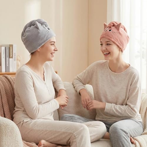 ASFWAGQ 2 Stück Mikrofaser Haartuchwickel Schnelltrocknend Haarturban Absorbierender Haartuch Niedlich Hair Plopping Towel Curly Dunkelrosa Grau Katze für Frauen Mädchen