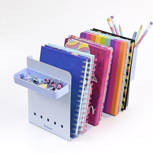 Image of Adjustable Bookend Organizer with Pen Holder | Expandable Desk Bookshelf for Office, Study, and Home | Book Rack Stand for Books, Files & Stationery (Extends Up to 17 Inches) - Blue