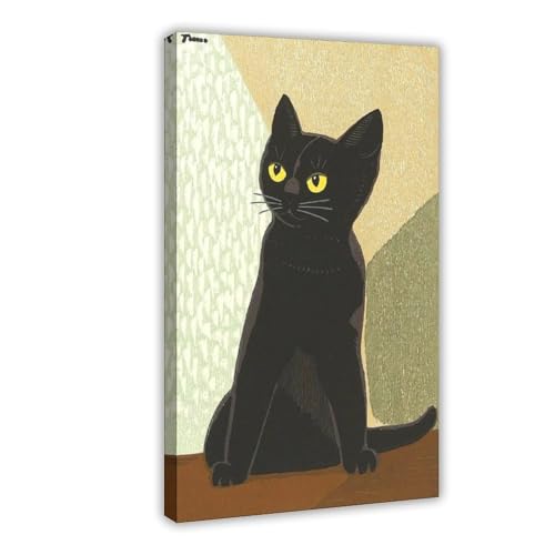 Chat noir japonais Inagaki Tomoo, impression giclée sur toile minimaliste avec cadre à suspendre