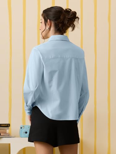 Image of The Souled Store Classic Solids: Baby Blue Women and Girls Full Length Collared Light Blue Solid 100% Cotton Regular Fit Breathable Lightweight Comfortable All-Season Everyday Shirt