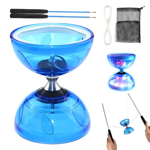 KUWUNG LED Diabolo mit Kugellager, 4,5mm Diabolo Leuchtend, Diabolo Jonglier Set mit Handstäben, Freilauf Zirkus Werkzeug für Erwachsene Anfänger Berufstätige (Blau)