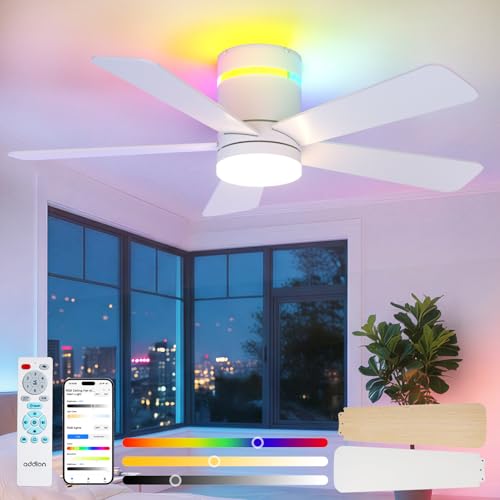 Image of addlon RGB Ceiling Fans with Light, 42'' Low Profile Flush Mount Small Ceiling Fan, Remote Control /APP Control, Reversible, Sleek Modern Fan for Bedroom, Living Room, Kids Room, Indoor /Outdoor, White