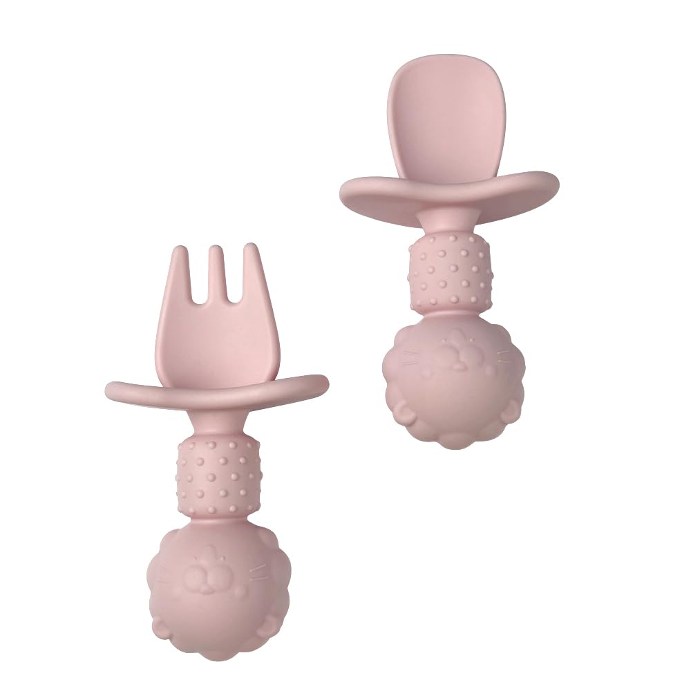 Mngran Silicone Baby Spoon and Fork Set, BPA-Free Silicone Utensils for Self-Feeding, Toddler Feeding Set with Safety Guard, Easy-Grip Baby Spoons and Forks for 6-12 Months and Teething Babies((Pink)