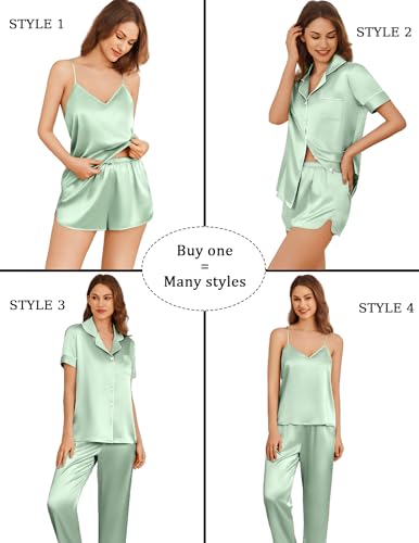 Ekouaer 4PCs Womens Satin Silky Pajama Set Button Down Top and Long Pants Loungewear Camisole Top and Shorts Sleepwear2