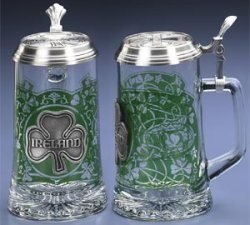 Ireland Irish German Glass Beer Stein Mug Pewter Four Leaf Clover Claddaugh #TOP1