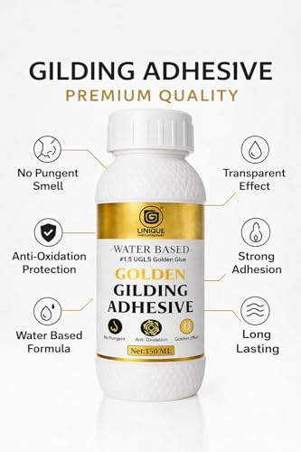 Image of UGLS Golden Glue Gilding Adhesive (150.ml) for Gold Leaf Gilding- Water Based Glue - Yellow Base - Golden Effect, Art & Crafts, POP Ceiling, Furniture, Paper, Maysure Paintings & More Multipurpose