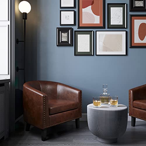 Image of BELLEZE Accent Barrel Chair, Set of 2 Modern Faux Leather Tub Club Chair Upholstered Armchair with Gold Nail Head Trim and Black Legs for Living Room Bedroom Apartment Lounge - Brown