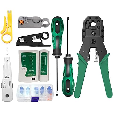 TEROW TK-2171 11 in-1 Network Tool Kit-Network Crimping Tool Punchdown Tool 8P8C 6P6C 4P4C Plugs, CAT5/CAT5e RJ45 RJ11 connectors Cable Teaser, Cable Stripper Cutter Tool Cover