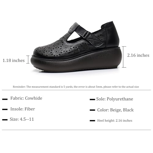 Image of Women's Leather Hollow Platform Rocking Walking Orthopedic Loafers with Adjustable Hook and Loop Comfort Round Toe Breathable Soft Non-Slip Bottom Chunky Wedge Heel Slip-On Casual Sneakers