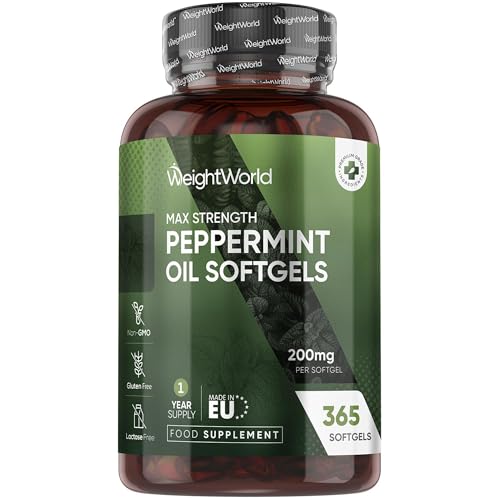 Peppermint Oil Capsules 200mg - 1 Year Supply - 365 Softgels - Easy to Consume - 1 Per Day - Peppermint Oil Softgels - Lactose-Free & Gluten-Free Supplement - Non-GMO & GMP-Approved