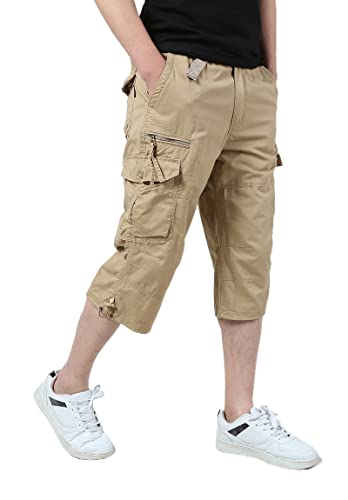iMackky Men's 3/4 Cargo Shorts Elastic Below Knee Capri Long Shorts Casual Loose Fit with 7 Pockets Khaki 38