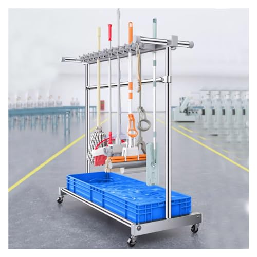 Commercial Movable Mop and Broom Holder Heavy Duty, Stainless Steel Large Cleaning Supplies Organizer Rack, Garden Kitchen Tool Storage System for Hospitals Property Companies ( Color : Blue , Size :