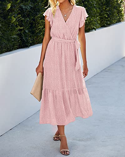 Image of BTFBM Women Summer Bohemian Floral Casual Wrap V Neck Ruffle Cap Sleeveless Belt A-Line Pleated Hem Midi Sun Dress White