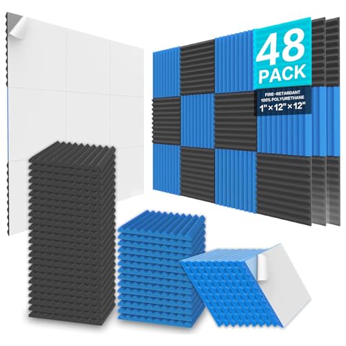 Image of JBER 48 Pack Acoustic Foam Panels, 1 inch X 12 inch X 12 inch Studio Soundproofing Wedges Fire Resistant Sound Proof Padding Acoustic Treatment Foam - Black & Blue