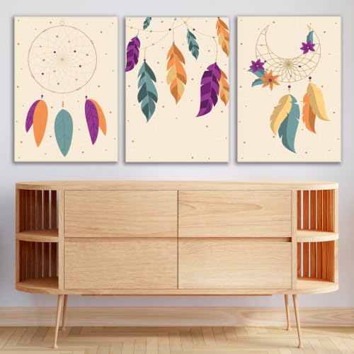 3'lü Bohem Kanvas Tablo Seti 19 - Modern Boho Duvar Dekoru - Modern Çizgili Tasarım 3 Parça Tablo, 35x50 cm