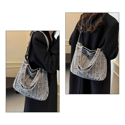 Y2K Denim Tote Bag for Women, Washable Canvas, Multi-Way Carry Hand Shoulder Crossbody Bag, Lightweight for Work Travel2