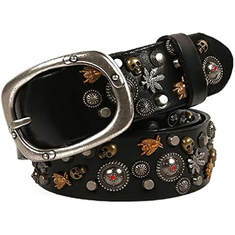 YDYBY Punk Metal Belt, Leather Studded Belt, Bee Maple leaf Skull Studded Goth Belt, Rock Rivets Belt for Women Men Jeans Belt Clothing Accessories,Black,120cm Cover