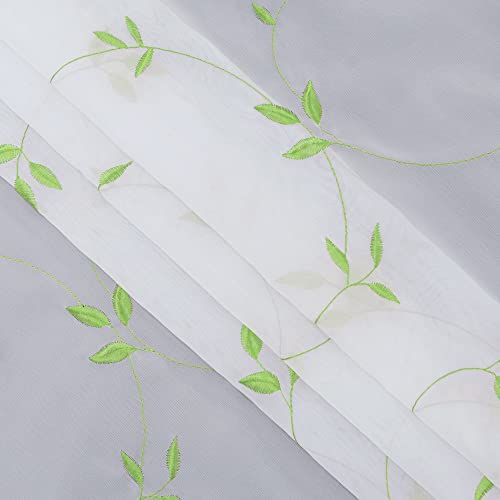 Heichkell Voile Net Curtain Leaves Embroidery Bistro Curtain Country House Style Short Curtains for Kitchen Embroidered Short Curtain Pole Holes Green H x W 45 x 90 cm - Image 4