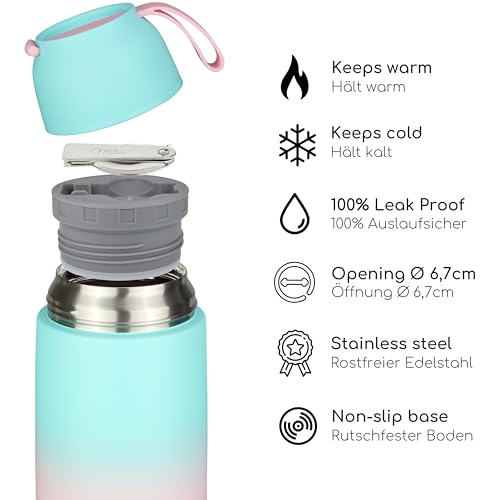 Image of Milu Thermal Container for Food 450 ml, Stainless Steel, Thermal Lunch Box, Soup Container to Go, Thermal Box for Keeping Warm Soups, Food Container, Porridge Warmer for Travel, Mint Pink, 450 ml