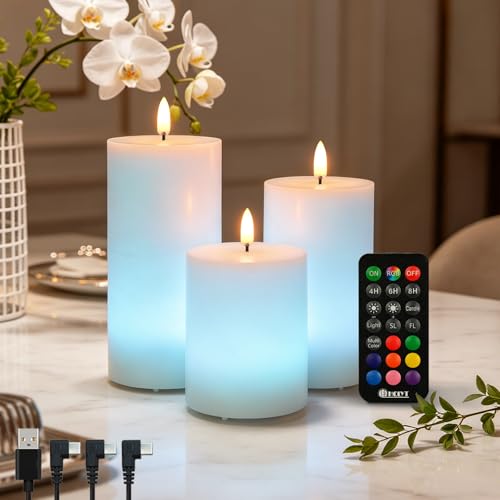 Image of LEDHOLYT Rechargeable Flameless Candles, RGB Color Changing Realistic Flickering Flameless Candles with Remote & Timer, Set of 3