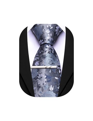 Image of Barry.Wang Floral Ties for Men Flower Necktie with Tie Clip Formal