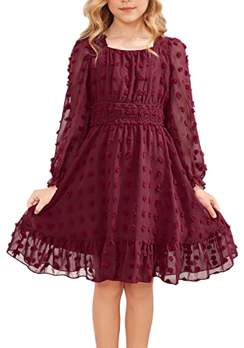 Hopeac Girls' Casual Dresses Long Lantern Sleeve Plain Square Neck Ruffle Dress Swiss Dot Chiffon Christmas Holiday Frocks Wine Red #TOP1