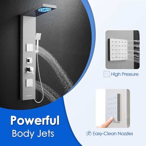 ROVOGO Shower Panel Tower System with Led Lights, 2-Setting Shower Head, Body Jets, Handheld and Tub Spout, Stainless Steel Shower Column with Mixer Valve, 46.5\", Brushed - Thumbnail 5