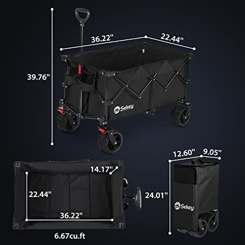 Sekey Collapsible Foldable Wagon With 220Lbs Weight Capacity, Heavy Duty Folding Utility Garden Cart With Big All-Terrain Beach Wheels & Drink Holders. Black #TOP5