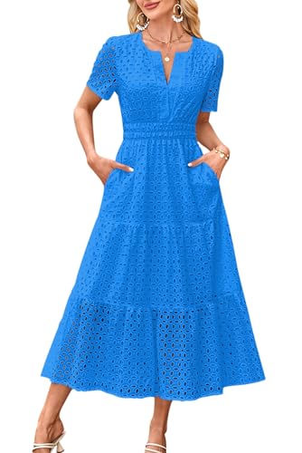 VEVESMUNDO Damen Baumwolle Sommerkleid Freizeitkleid Blusenkleid A-Linie Kleider Casual Kurzarm Langes Kleid mit Taschen (Dunkelblau,XL)