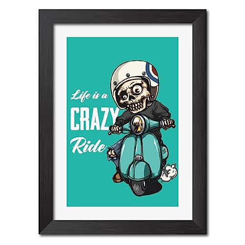 Image of TenorArts Motorcycle Riding Posters Photo Frame Bikers Bullet Rider Motivational Quotes Laminated Poster Framed Painting with Matt Finish Frames (9inches x 12inches) (Life is Crazy)