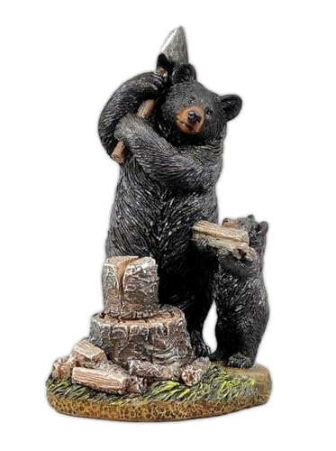 Figura decorativa oso negro y cachorro talando madera