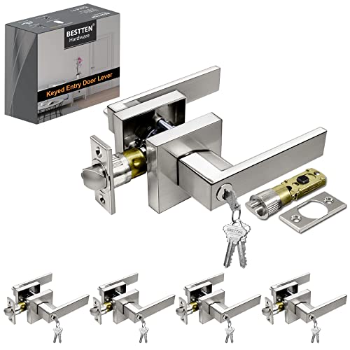 Bestten [5 Pack] Satin Nickel Square Entry Door Lever, All Metal Keyed Different Heavy Duty Entrance Door Handle, Removable Latch Plate, For Exterior And Interior Use #TOP20