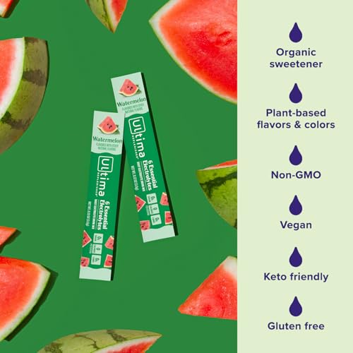 Image of Ultima Replenisher Daily Electrolyte Powder - Watermelon, 20 Stickpacks - Zero Sugar Hydration Packets with 6 Electrolytes and Minerals - Sugar Free, Plant Based & Keto Friendly Drink Mix