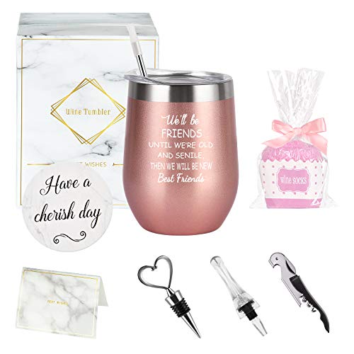 Lifecapido Friendship Wine Tumbler+Cupcake Wine Socks Gift Box Set, Fuuny Wine Gifts for Women Friend Female Coworker Girl Sister, 12 Oz Stainless Steel Tumbler with Lid, Socks, Coaster, Rose Gold