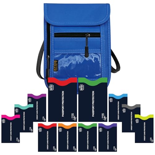 Image of Travel Neck Wallet & RFID Blocking Sleeves for Men and Women, Neck Money Pouch Anti Theft Travel Document Organizer with Adjustable Strap - Blue