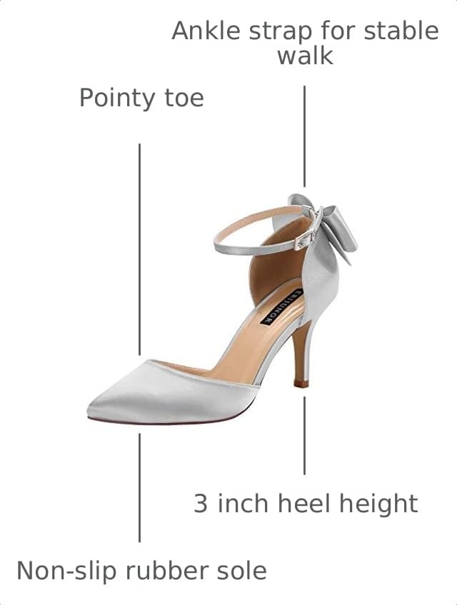 Image of ERIJUNOR Wedding Evening Party Shoes Comfortable Mid Heels Pumps with Bow Knot Ankle Strap Wide Width Satin Shoes