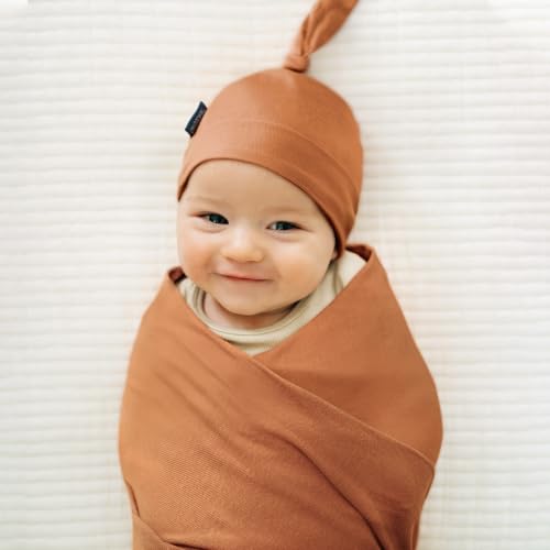 Image of GRSSDER Newborn Swaddle Blanket, Ultra Soft Jersey Receiving Blanket with Matching Headband and Beanie Set 33x44 inch, Stretchy Baby Neutral Swaddle Wrap for Girls and Boys