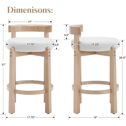 Image of LukeAlon Sherpa Counter Stools Set of 4, Mid Century Upholstered 26.5 inch Seat Height Low Barstools with Natural Wood Legs Round Low Back Kitchen Stools with Footrest for Dining Room, White
