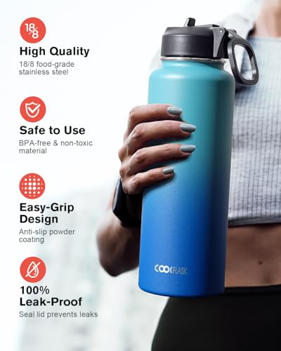 Image of Coolflask 40 oz Water Bottle Insulated with Straw & 3 Leakproof Lids