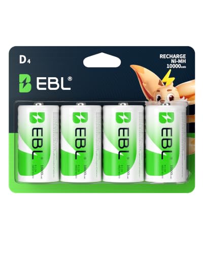 EBL Rechargeable D Batteries, 10000mAh Ni-MH High Capacity D Cell Battery New Retail Package, Pack of 4